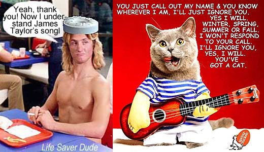 lifeyouv.jpg "You just call out my name & you know wherever I am I'll just ignore you yes I will winter spring summer or fall I won't respond to your call I'll ignore you yes I will you've got a cat" Life Saver Dude: Yeah, thank you, now I understand James Taylor's song!