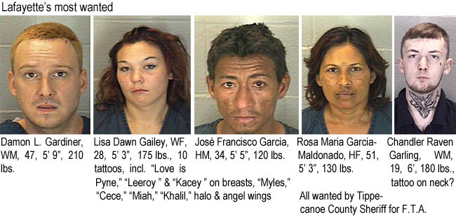 lisadawn.jpg Lafayette's most wanted: Damon L. Gardiner, WM, 47, 5'9", 210 lbs; Lisa Dawn Gailey, WF, 28, 5'3", 175 lbs, 10 tattoos, incl. "Love is Pyne," "Leeroy" & "Kacey" on breasts, "Myles," "Cece," "Miah," "Khalil," halo & angel wings; José Francisco Garcia, HM, 34, 5'5", 120 lbs; Rosa Maria Garcia-Maldonado, HF, 51, 5'3", 130 lbs; Chandler Raven Garling, WM, 19, 6', 180 lbs, tattoo on neck? All wanted by Tippecanoe Sheriff for F.T.A.