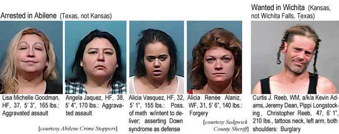 lisagela.jpg Arrested in Abilene (Texas, not Kansas): Lisa Michelle Goodman, HF, 37, 5'3", 165 lbs, aggravated assault; Angela Jaquez, HF, 38, 5'4", 170 lbs, aggravated assault; Alicia Vasquez, HF, 32, 5'1", 155 lbs, poss. of meth w/intent to deliver asserting Down syndrome as defense; Alicia Renee Alaniz, WF, 31, 5'6", 140 lbs, forgery (Sedgwick County Sheriff); Wanted in Wichita (Kansas, not Wichita Falls, Texas): Curtis J. Reeb, WM, a/k/a Kevin Adams, Jeremy Dean, Pippi Longstocing, Christopher Reeb, 47, 6'1", 210 lbs, tattoos neck, left arm, both shoulders, burglary (Sedgwick County Sheriff)