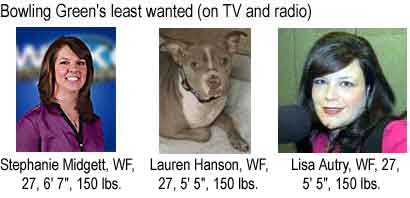 Bowling Green's least wanted (on TV and radio): Stephanie Midgett, WF, 27, 6'7", 150 lbs, , Lauren Hanson, WF, 27, 5'5", 150 lbs, Lisa Autry, WF, 27, 5'5", 150 lbs