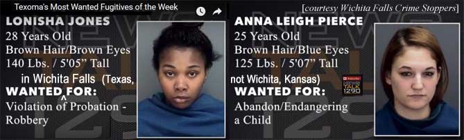 lonishal.jpg Texoma's most wanted fugitives of the week, wanted in Wichita Falls (Texas, not Wichita, Kansas): Lonisha Jones, 28, brown hair/eyes, 140 lbs, 5'5", violation of probation / robbery; Anna Leigh Pierce, 25, brown hair / blue eyes, 125 lbs, 5'7", abandon/endangering a child (Wichita Falls Crime Stoppers)