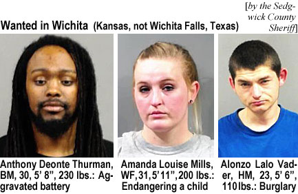 lonzlalo.jpg Wanted in Wichita (Kansas, not Wichita Falls, Texas) (Sedgwick County Sheriff): Anthony Deonte Thurman, BM, 30, 5'8", 230 lbs, aggravated battery; Amanda Louise Mills, WF, 31, 5'11",200 lbs, endangering achild; Alonzo Lalo Vader, HM, 23, 5'6", 110 lbs, burglary