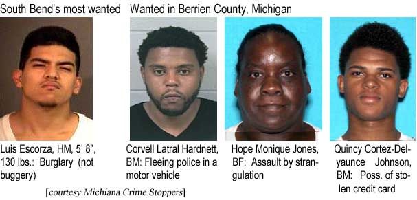 luiscorv.jpg South Bend's most wanted: Luis Escorza, HM, 5'8", 130 lbs, burglary (not buggery); Wanted in Berrien County, Michigan: Corvell Latral Hardnett, BM, fleeing police in a motor vehicle; Hope Monique Jones, BF, assault by strangularion; Quincy Cortez-Delyaunce Johnson, BM, poss. of stolen credit card (Michiana Crime Stoppers)