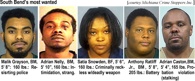 malikgra.jpg South Bend's most wanted (Michiana Crime Stoppers Inc.): Malik Grayson, BM, 5'8", Resisting police; Adrian Nelly, BM, 5'10", 160 lbs, intimidation, strang.; Satia Snowden, BF, 5'6", 160 lbs, criminally reckless w/deadly weapon; Anthony Ratliff Jr., BM, 5'8", 205 lbs, battery; Adrian Caston, BM, 5'4", 165 lbs, probation violation (stalking)