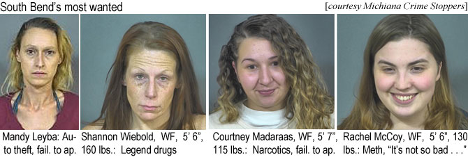 mandyley.jpg South Bend's most wanted: (Michiana Crime Stoppers) Mandy Leyba, auto theft, fail. to app.; Shannon Weibold, WF, 5'6", 160 lbs, legend druge; Courtney Madaraas, WF, 5'7", 115 lbs, narcotics, fail. to app.; Rachel McCoy, WF, 5'6", 130 lbs, meth, "It's not so bad"