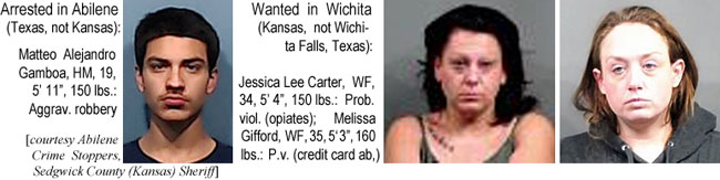 matteoal.jpg Arrested in Abilene: Matteo Alejandro Gamboa, HM, 19, 5'11", 150 lbs, aggrav. robbery; Wanted in Wichita (Kansas, not Wichita Falls, Texas): Jessica Lee Cartere, WF, 34, 5'4", 150 lbs, prob. viol. (opiates); Melissa Gilford, WF, 35, 5'3", 160 lbs, p.v. (credit card (ab.) (Abilene Crime Stoppers, Sedgwick County (Kansas) Sheriff)