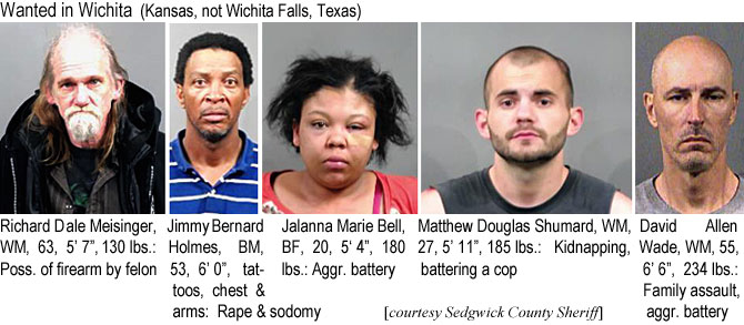 meisingr.jpg Wanted in Wichita (Kansas, not Wichita Falls, Texas): Richard Dale Meisinger, WM, 63, 5'7", 130 lbs, poss. of firearm by a felon; Jimmy Bernard Holmes, BM, 53, 6'0", tattoos, chest & arms, rape & sodomy; Jalanna Marie Bell, BF, 20, 5'4", 180 lbs, aggravated battery; Matthew Douglas Shumard, WM, 27, 5'11", 185 lbs, kidnapping, battering a cop; david Allen Wade, WM, 55, 6'6", 234 lbs, family assault, aggr. battery (Sedgwick County Sheriff)