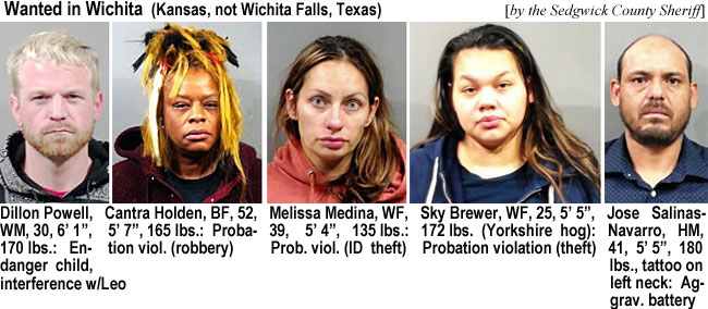 melismed.jpg Wanted in Wichita (Kansas, not Wichita Falls, Texas) (Sedgwick County Sheriff): Dillon Powell, WM, 30, 6'1", 170 lbs, endanger child, interference w/Leo; Cantra Holden, BF, 52, 5'7", 165 lbs, probation viol. (robbery); Melissa Medina, WF, 39, 5'4", 135 lbs, prob. viol. (ID theft); Sky Brewer, WF, 25, 5'5", 172 lbs (Yorkshire hog), probation violation (theft); Jose Salinas-Navarro, HM, 41, 5'5", 180 lbs, tattoo on left neck, aggrav. battery