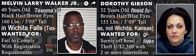 melvindo.jpg Wanted n Wichita Falls (Texas, not Wichita, Kansas): Melvin Larry Walker Jr., 40, black hair, brown eyes, 160 lbs, 5'9", fail to comply with registration requirements; Dorothy Gibson, 32, brown hair, blue eyes, 153 lbs, 5'9", surety off bond, theft u/$2,0i00 with 2 or more convictions; Texoma's finest fugitives