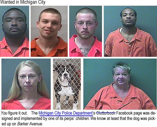 michcity.jpg Wanted in Michigan City: You figure it out. The Michigan City Police Department's Clutterbook Facebook page was designed and implemented by one of its perps' children. We know at least that the dog was picked upon Barker Avenue