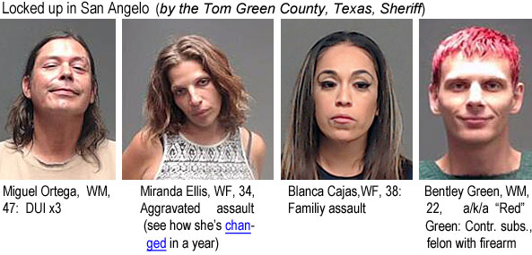 mirandae.jpg Locked up in San Angelo (by the Tom Green County, Texas, Sheriff): Miguel Ortega, WM, 47, DUI x3; Miranda Ellis, WF, 34, aggravated assault (see how she's changed in a year); Blanca Cajas, 38, family assault; Betley Green, WM, 22, a/k/a "Red" Green, contr. subs., felon with fiarearm
