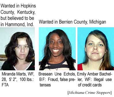 Wanted in Hopkins County, Kentucky, but believed to be in Hammond, Ind.: Miranda Marts, WF, 28, 5'2", 100 lbs, FTA; Wanted in Berrien County, Michigan: Bresean Une Echols, BF, fraud, false pretenses; Emily Amber Bacheller, WF, illegal use of credit cards (Michiana Crime Stoppers)