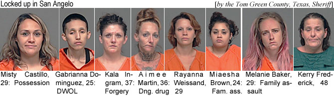 mistcast.jpg Locked up in San Angelo (by the Tom Green County, Teas, Sheriff): Misty Castillo, 29, possession; Gabrianna Dominguez, 25, DWOL; Kala Ingram, 37, forgery; Aimee Martin, 36, dng. drug; Rayanna Weissand, 29; Miaeshe Brown, 24; Fam. ass.; Melanie Baker, 29, family assault; Kerry Frederick, 48