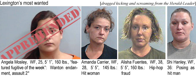 mosleyan.jpg Lexington's most wanted: (dragged kicking & screaming from the Herald-Leader): Angela Mosley, WF, 25, 5'1", 160 lbs, featured fugitive of the week, wanton endangerment, assault 2°; Amanda Carrier, WF, 28, 5'5", 145 lbs hit woman; Alisha Fuentes, WF, 38, 5'5", 160 lbs, hip-hop fraud; Shi Hanley, WF, 36, posing as hit man; Tony Spencer, BM, 28, 5'8", 150 lbs, buzzed; Verna McQueen, WF, 46, 5'0", 145 lbs, up to her ears in stolen debit cards; Commody White, BM, 27, 5' 11", 165 lbs, hit babe