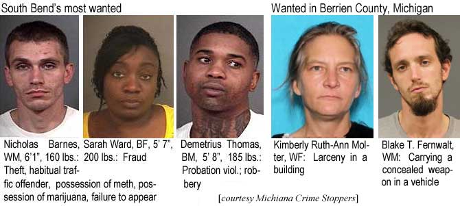 nichdeme.jpg South Bend's most wanted: Nicholas Barnes, WM, 6'1", 160 lbs, theft, habitual traffic offender, possession of meth, possession of marijuana, failure to appear; Sarah Ward, BF, 5'7", 200 lbs, fraud; Demetrius Thomas, BM, 5'8", 185 lbs, probation viol., robbery; Wanted in Berrien County, Michigan: Kimberly Ruth-Ann Molter, WF, larceny in a building; Blake T. Fernwalt, WM, carrying a concealed weapon in a vehicle (Michiana Crime Stoppers)