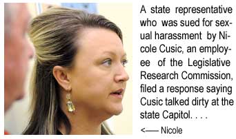 A state representative sued for sexual harassment by Nicole Cusic, a Legislative Research Commission employee, filed a response saying Cusic talked dirty at the state Capitol