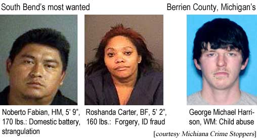 South Bend's most wanted: Noberto Fabian, HM, 5'9", 170 lbs, domestic battery, strangulation; Roshanda Carter, BF, 5'2", 160 lbs, forgery, ID fraud; Berrien County, Michigan's: George Michael Harrison, WM, child abuse (Michiana Crime Stoppers)