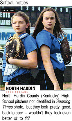 northhar.jpg North Hardin County (Kentucky) High School pitchers not identified in Sporting Times photo, but they look pretty good, back to back - wouldn't they look even better tit to tit?