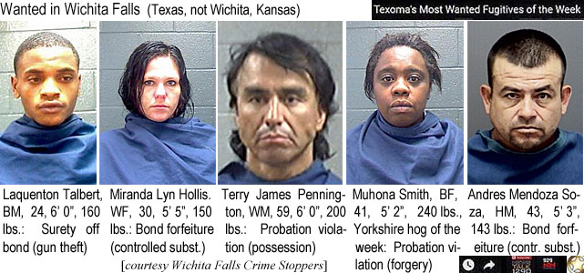 penningt.jpg Wanted in Wichita Falls (Texas, not Wichita, Kansas) (Texoma's most wanted fugitives of the week): Laquenton Talbert, BM, 24, 6'0", 160 lbs, surety off bond (gun theft); Miranda Lyn Hollis, WF, 30, 5'5", 150 lbs, bond forfeiture (controlled subst.); Terry James Pennington, WM, 59, 6'0", 200 lbs, probation violation (possession); Muhona Smith, BF, 41, 5'2", 240 lbs, Yorkshire hog of the week, probation violation (forgery); Andreas Mendoza Soza, HM, 43, 5'3", 143 lbs, bond forfeiture (contr. subst.) (Wichita Falls Crime Stoppers)