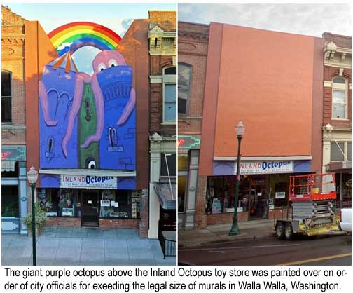 The giant purple octopus above the Inland Octopus toy store was painted over on order of city officials for exceeding the legal size of murals in Walla Walla, Washington