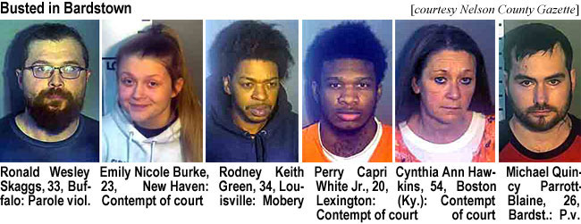 quincy-p.jpg Busted in Bardstown (Nelson County Gazette): Ronald Wesley Skaggs, 23, Buffalo, parole viol.; Emily Nicole Burke, 23, New Haven, contempt of court; Rodney Keith Green, 34, Louisville,mobery; Perry Capri White Jr., 20, Lexington, conempt of court; Cynthia Ann Hawkins, 54, Boston (Ky.), contempt of court; Michael Quincy Parrott-Blaine, 26, Bardst., p.v.