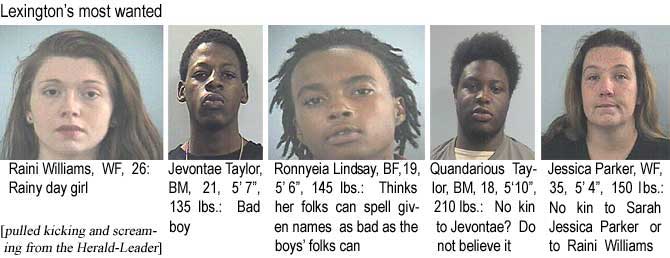 rainijav.jpg Lexington's most wanted: Raini Williams, WF, 26, rainy day girl; Jevontae Taylor, BM, 21, 5'7", 135 lbs, bad boy; Ronnyeia Lindsey, BF, 19, 5'6", 145 lbs, thinks her folks can spell given names as bad as the boys' folks can; Quandarious Taylor, BM, 18, 5'10", 210 lbs, no kin to Jevontae? Do not believe it; Jessica Parker, WF, 35, 5'4", 150 lbs, no kin to Sarah Jessica Parker or to Raini Williams (pulled kicking and screaming from the Herald-Leader)