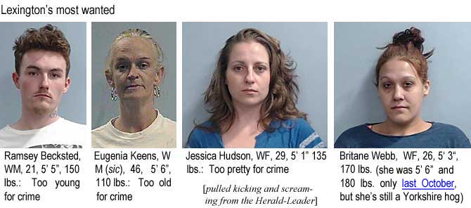 ramseugy.jpg Lexington's most wanted: Ramsey Becksted, WM, 21, 5'5" 150 lbs, too young for crime; Eugenia Keens, WM(sic), 46, 5'6", 110 lbs, too old for crime; Jessica Hudson, WF, 29, 5'1", 135 lbs, too pretty for crime; Britane Webb, WF, 26, 5'3", 170 lbs (she was 5'6" and 180 lbs only last October, but she's still a Yorkshire hog) (pulled kicking and screaming from the Herald-Leader)