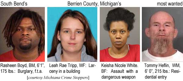 rasheent.jpg South Bend's (Berrien County, Michigan's) most wanted: Rasheen Boyd, BM, 6'1", 175 lbs, burglary, f.t.a.; Leah Rae Tripp, WF, larceny in a building; Keisha Nicole White, BF, assault with a dangerous weapon; Tommy Heflin, WM, 6'0", 215 lbs, residential entry (Michiana Crime Stoppers)