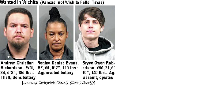 richards.jpg Wanted in Wichita (Kansas, not Wichita Falls, Texas): Andrew Christian Richardson, WM, 34, 5'8", 185 lbs, theft, dom. battery; Regina Denise Evans, BF, 56, 5'2", 110 lbs, aggravated batery; Bryce Owen Robertson, WM, 21, 5'10", 140 lbs, ag. assault, opiates (Sedgwick County Kans. Sheriff)