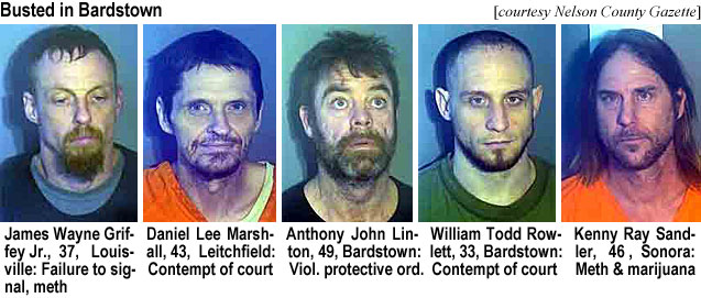 rowlettk.jpg Busted in Bardstown (Nelson County Gazette): James Wayne Griffey Jr.,37, Louisville, failure to signal, meth; Daniel Lee Marshall, 43, Leitchfield, contempt of court; Anthony John Linton, 49, Bardstown, viol. protective ord.; William Todd Rowlett, 33, Bardstown, contempt of court; Kenny Ray Sandler, 46, Sonora, meth & marijuana