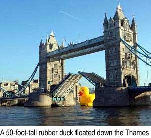 50 foot tall rubber duck floats down the River Thames