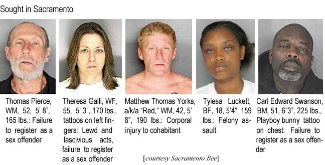 Sought in Sacramento: Thomas Pierce, WM, 52, 5'8", 165 lbs, failure to register as a sex offender; Theresa Galli, WF, 55, 5'3", 170 lbs, tattoos on left fingers, lewd and lascivious acts, failure to register as a sex offender; Matthew Thomas Yorks, a/k/a "Red", WM, 42, 5'8", 190 lbs, corporal injury to cohabitant; Tyiesa Luckett, BF, 18, 5'4", 159 lbs, felony assault; Carl Edward Swanson, BM, 51, 6'3", 225 lbs, Playboy bunny tattoo on chest, failure to register as a sex offender (Sacramento Bee)