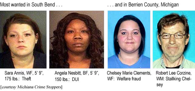 Most wanted in South Bend: Sara Annis, WF, 5'9", 175 lbs, theft; Angela Nesbitt, BF, 5'9", 150 lbs, DUI; . . . and in Berrien County, Michigan: Chelsey Marie Clements, WF, welfare fraud; Robert Lee Corzine, WM, stalking Chelsey (Michiana Crime Stoppers)