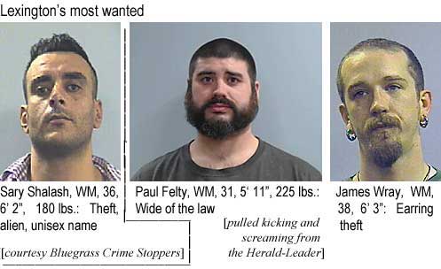 sarypaul.jpg Lexington's most wanted: Sary Shalash, WM, 36, 6'2", 180 lbs, Theft, alien, unisex name (courtesy Bluegrass Crime Stoppers); Paul Felty, WM, 31, 5'11", 225 lbs, wide of the law; James Wray, WM, 36, 6'3", earring theft (pulled kicking and screaming from the Herald-Leader)
