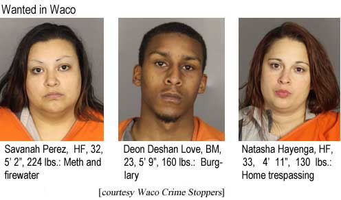 Wanted in Waco: Savanah Perez, HF, 32, 5'2", 224 lbs, meth and firewater; Deon Deshan Love, BM, 23, 5'9", 160 lbs, burglary; Natasha Hayenga, HF, 33, 4'11", 130 lbs, home trespassing (Waco Crime Stoppers)