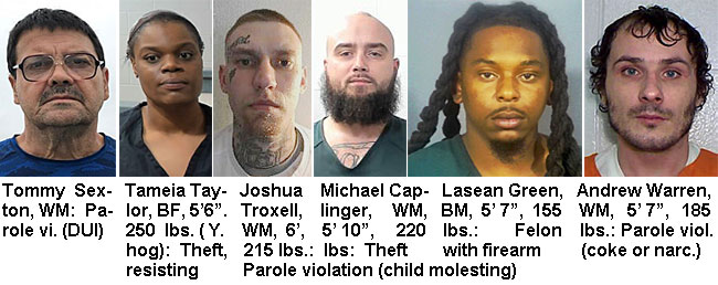 sextonty.jpg Tommy Sexton, WM, parole vi (DUI);Tamela Taylor, BF, 5'6", 250 lbs (Y. hog), theft, resisting; Joahua Troxel, WM, 6', 215 lbs, parole violation (child molesting); Lasean Green, BM, 5'7", 155 lbs, felon with firearm; Andrew Warren, WM, 5'7", 185 lbs, parole viol (coke or narc)