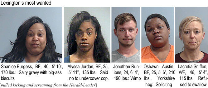 shaniceb.jpg Lexington' most wanted: Shanice Burgess, BF, 40, 5'10", 170 lbs, salty gravy with big-ass biscuits; Alyssa Jordan, BF, 25, 5'11", 135 lbs, said no to undercover cop; Jonathan Runions, 24, 6'4", 190 lbs, wimp; Oshawn Austin, BF, 25, 5'6", 210 lbs, Yorkshire hog, soliciting; Lacretia Sniffen, WF, 46, 5'4", 115 lbs, refused to swallow (pulled kicking and screaming from the Herald-Leader)