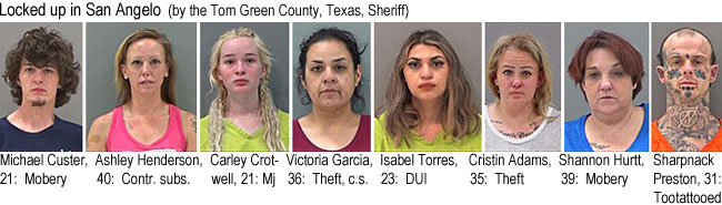 sharpnak.jpg Locked up in San Angelo (by the Tom Green County, Texas, Sheriff): Michael Custer, 21, mobery; Ashley Henderson, 40, contr. subs.; Carley Crotwell, 21, mj; Victoria Garcia, 36, theft, c.s.; Isabel Torres, 23, DUI; Cristin Adams, 35, theft; Shannon Hurtt, 39, mobery; Sharpnack Preston, 31, tootattooed