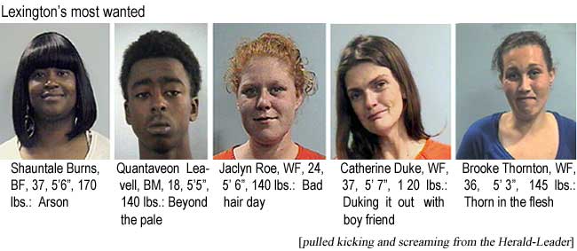 Lexington's most wanted: Shauntale Burns, 37, 5'6", 170 lbs, arson; Quantaveon Leavell, BM, 18, 5'5", 140 lbs, beyond the pale; Jacklyn Roe, WF, 24, 5'6", 140 lbs, bad hair day; Catherin Duke, WF, 37, 5'7", 120 lbs, duking it out with boy friend; Brooke Thornton, WF, 36, 5'3", 145 lbs, thorn in the flesh (pulled kicking and screaming from the Herald-Leader)