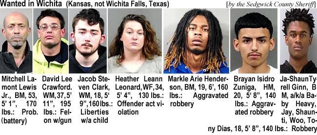 shauntil.jpg Wanted in Wichita (IKansas, not Wichita Falls, Texas) (Sedgwick County Sheriff): Mitchell Lamont Lewis Jr., BM, 53, 5'1", 170 lbs, prob. (battery); David Lee Crawford,WM, 37, 5'11", 195 lbs,felon w/firearm; Jacob Steven Clark, WM, 18, 5'9", 160 lbs, libertis w/a child;  Heather Leann Leonard, WF, 34, 5'4", 130 lbs, offender act violation; Markle Arie Henderson, BM, 19, 6', 160 lbs, aggravated robbery; Bryan Isidro Zuniga, HM, 20, 5'8", 140 lbs, aggravated robbery; Ja-Shaun Tyrell Ginn, BM, a/k/a Baby Heavy, Jay, Shauntil, Woo, Tony Dias, 18, 5'8", 140 lbs, robbery