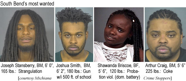 shawanda.jpg South Bend's most wanted: Joseph Stansberry, BM, 6'0", 165 lbs, strangulation; Joshua Smith, BM, 6'2", 180 lbs,gun w/i 500 ft. of school; Shawanda Briscoe, BF, 5'6", 120 lbs, probation viol. (dom. battery); Arthur Craig, BM, 5'6", 225 lbs, coke (JMichiana Crime Stoppers)
