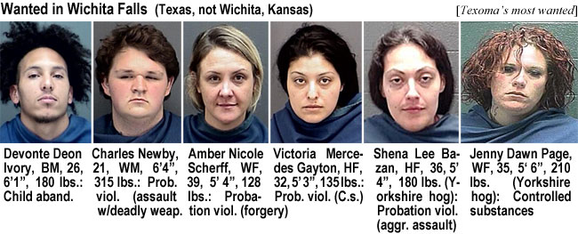 shenalee.jpg Wanted in Wichita Falls (Texas, no Wichita, Kansas) (Texoma's): Devonte Deon Ivory, BM, 26, 6'1", 180 lbs, child aband.; Charles Newby, 21, WM, 6'4", 315 lbs, prob. viol. (assault w/deadly weap.); Amber Nicole Scherff, WF, 39, 5'4", 128 lbs, probation viol. (forgery); Victoria Mercedes Gayton, HF, 32, 5'3", 135 lbs, prob. viol. (c.s.); Shena Lee Bazan, HF, 36, 5'4", 180 lbs (Yorkshire hog), probation viol. (aggr. assault); Jenny Dawn Page, WF, 35, 5'6", 210 lbs (Yorkshire hog), controlled substances