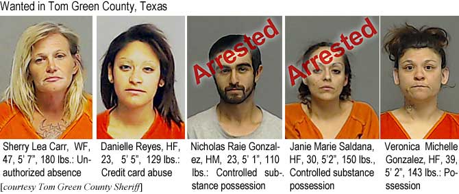 sherydan.jpg Wanted in Tom Green County, Texas: Sherry Lea Carr, WF, 47, 5'7", 180 lbs, unauthorized absence; Danielle Reyes, HF, 23, 5'5", 129 lbs, credit card abuse; Nicholas Raie Gonzalez, HM, 23, 5'1", 110 lbs, controlled substance possession; Janie Marie Saldana, HF, 30, 5'2", 150 lbs, controlled substance possession; Veronica Michelle Gonzalez, HF, 39, 5'2", 143 lbs, possession (Tom Green County Sheriff)