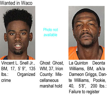 snelpook.jpg Wanted in Waco: Vincent L. Snell Jr., BM, 17, 5'9", 135 lbs, organized crime; Ghost Ghost, WM, 37, Irion County, miscellaneous marshal hold (photo not available); LaQuinton Deonta Williams, BM, a/k/a Dameon Griggs, Dante Wlliams, Pookie, 40, 5'8", 200 lbs, failure to register