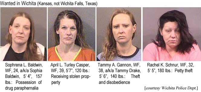 sophrach.jpg Wanted in Wichita (Kansas, not Wichita Falls, Texas): Sophrena L. Baldwin, WF, 24, a/k/a Sophia Baldwin, 5'4", 157 lbs, possession of drug paraphernalia; April L. Turley Casper, WF, 39, 5'7", 120 lbs, receiving stolen property; Tammy A. Gannon, WF, 38, a/k/a Tammy Drake, 5'6", 140 lbs, theft and disobedience; Rachel K. Schnur, WF, 32, 5'5", 180 lbs, petty theft (Wichita Police Dept.)