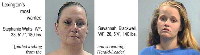 Lexington's most wanted: Stephanie Watts, WF, 33, 5'7", 180 lbs; Savannah Blaclwell, WF, 26, 5'4", 140 lbs (pulled kicking and screaming from the Herald-Leader)