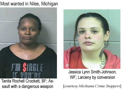 Most wanted in Niles, Michigan.: Tanita Rochell Crockett, BF, assault with a dangerous weapon; Jessica Lynn Smith-Johnson, larceny by conversion (Michiana Crime Stoppers)
