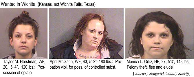 taylpril.jpg Wanted in Whichita (Kansas, not Wichita Falls, Texas): Taylor M. Horstman, WF, 20, 5'4", 120 lbs, possession of opiate; April McGann, WF, 43, 5'2", 180 lbs, probation viol. for poss. of controlled subst.; Monica L. Ortiz, HF, 27, 5'3", 148 lbs, felony theft, flee and elude (Sedgwick County Sheriff)