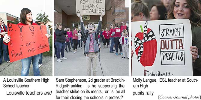 teachers.jpg Louisville teachers and pupils rally: A Southern High School teacher, BYOP Bring Your Own Pencils or fund our schools; Sam Stephenson, a 2nd-grader at Breckinridge/Franklin, is he supporting the teacher strike on its merits, or is he all for their closing the schools in protest? Molly Langue, ESL teacher at Southern High, Straight Outta Pencils (Courier-Journal photos)