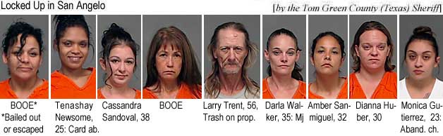 tenashay.jpg Locked up on San Angelo (by the Tom Green          County, Texas, Sheriff): BOOE* Bailed out or escaped; Tenashay Newsome, 25, card ab.; Cassandra Sandoval, 38; BOOE; Larry Trent, 56, trash on prop.; Darla Walker, 35, Mj; Amber Sanmiguel, 32; Dianna Huber, 30; Monica Gutierrez, 23, aband. chi.
